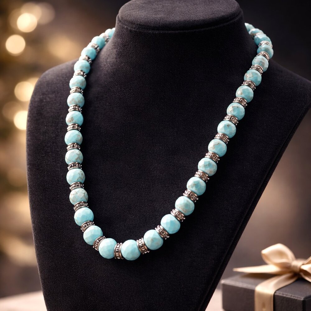 Blue Beveled Beaded Necklace‎ with Silver Bead Spacers - New